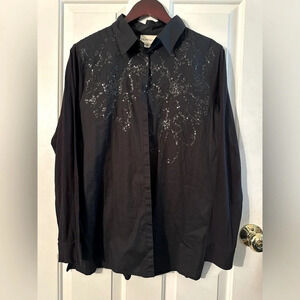 NWT PURE DKNY Black Large Snap Collared Shirt With Collar Cotton Knit